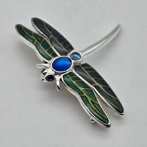 Monet Dragonfly Brooch Pin Green Blue Enamel Silver Tone Vintage Signed